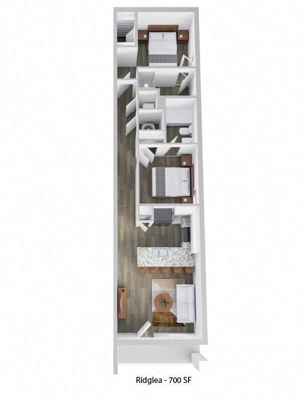 a bedroom with a bed and a mirror